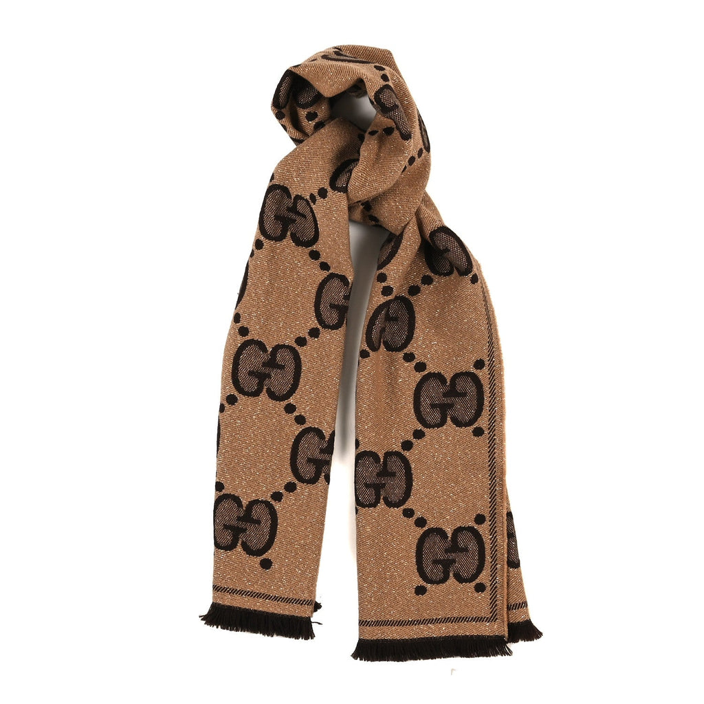 Gucci Wool Lame Jacquard Monogram Jumbo GG Lady Nest Lux Scarf Beige Dark Brown