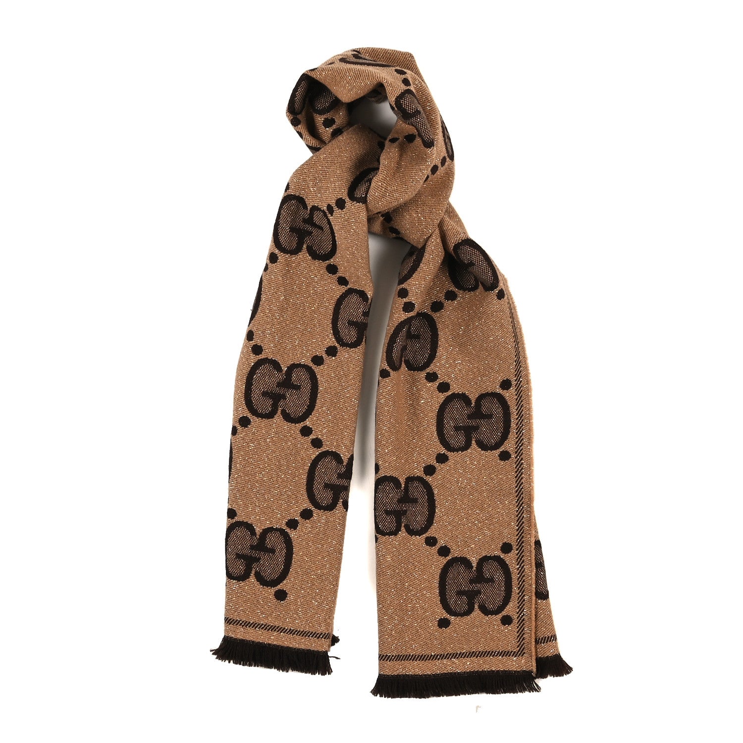 Gucci Wool Lame Jacquard Monogram Jumbo GG Lady Nest Lux Scarf Beige Dark Brown