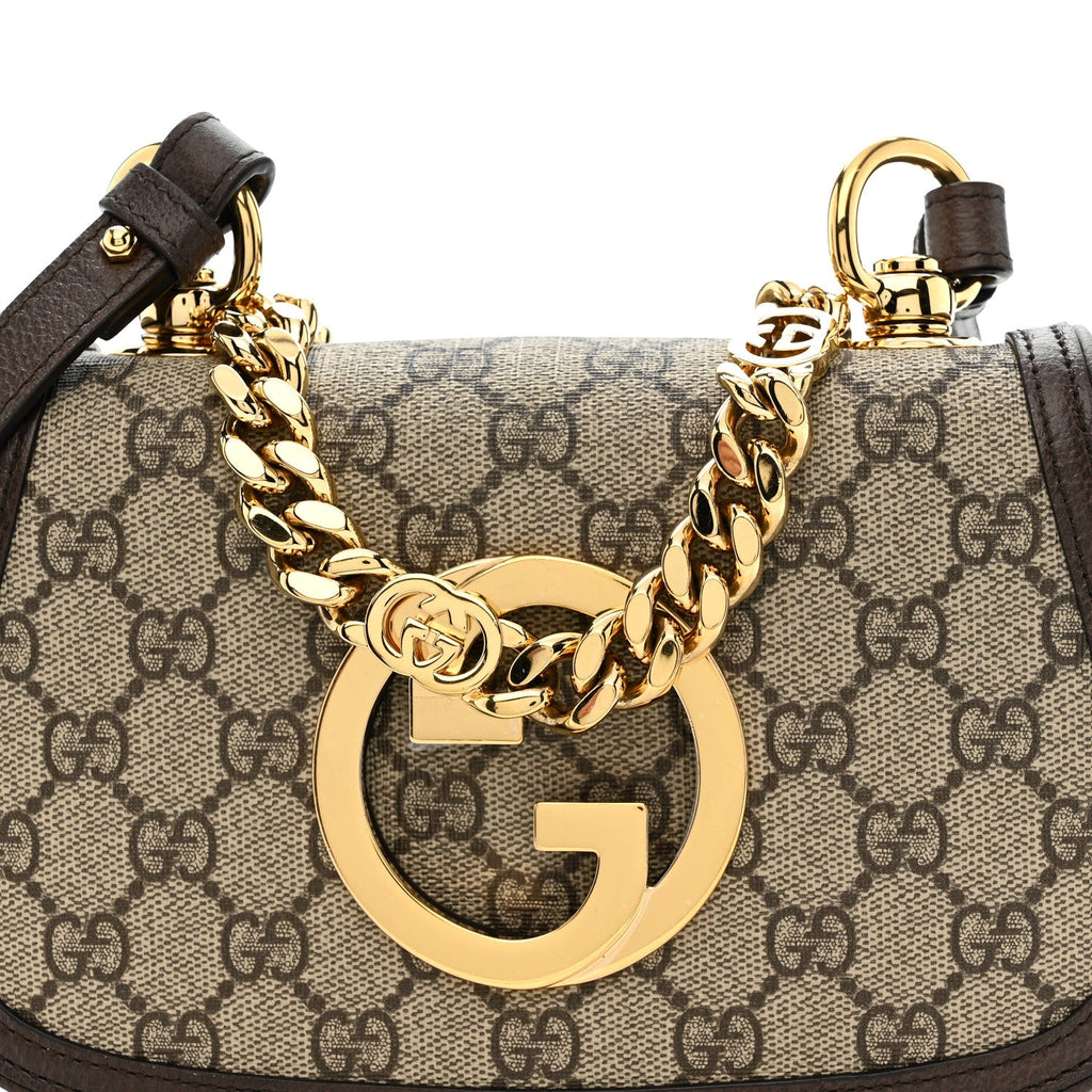 Gucci GG Supreme Monogram Textured Dollar Calfskin Mini Blondie Chain Shoulder Flap Bag Beige Ebony New Acero