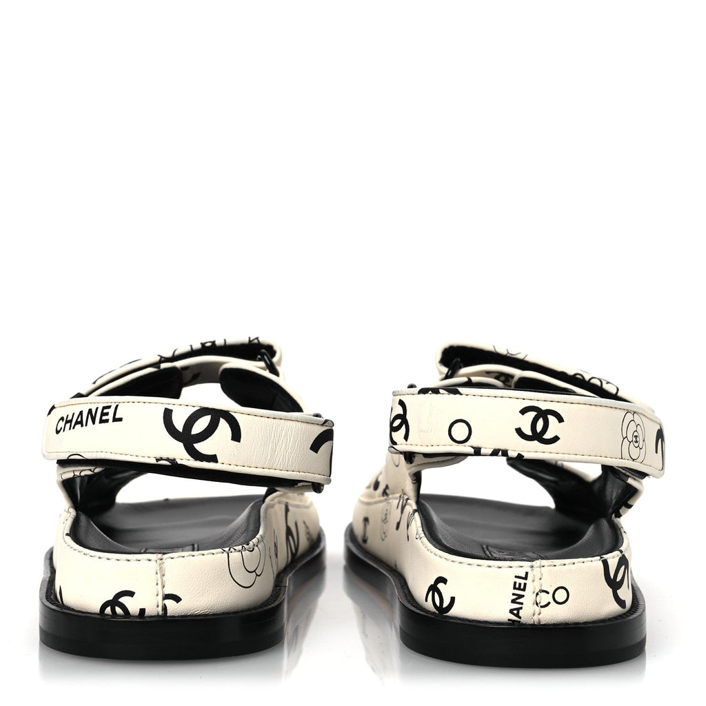 Lambskin Printed CC Velcro Dad Sandals 37.5 White Black
