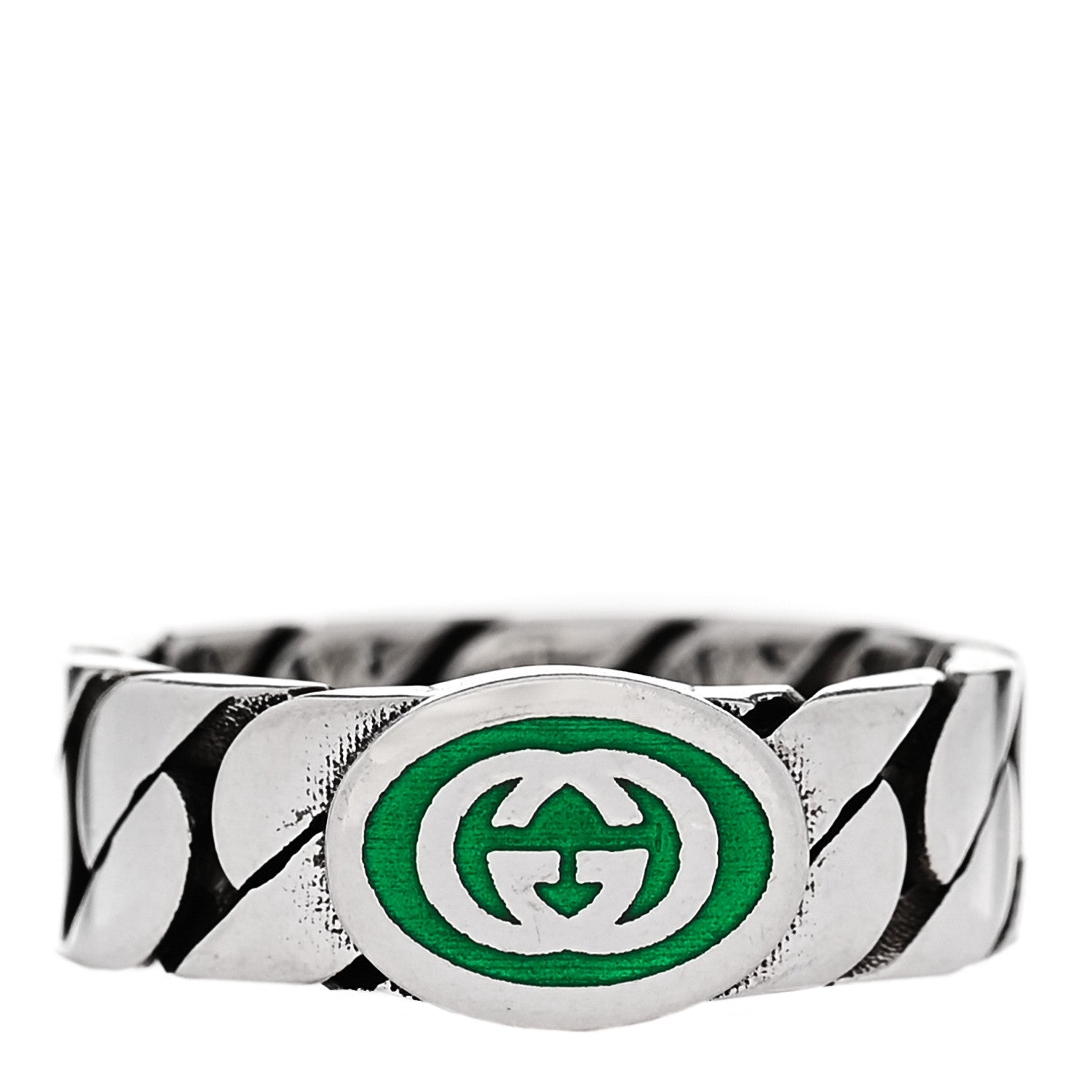 Gucci Sterling Silver Enamel Interlocking G Chain Ring 51 5.75 Green
