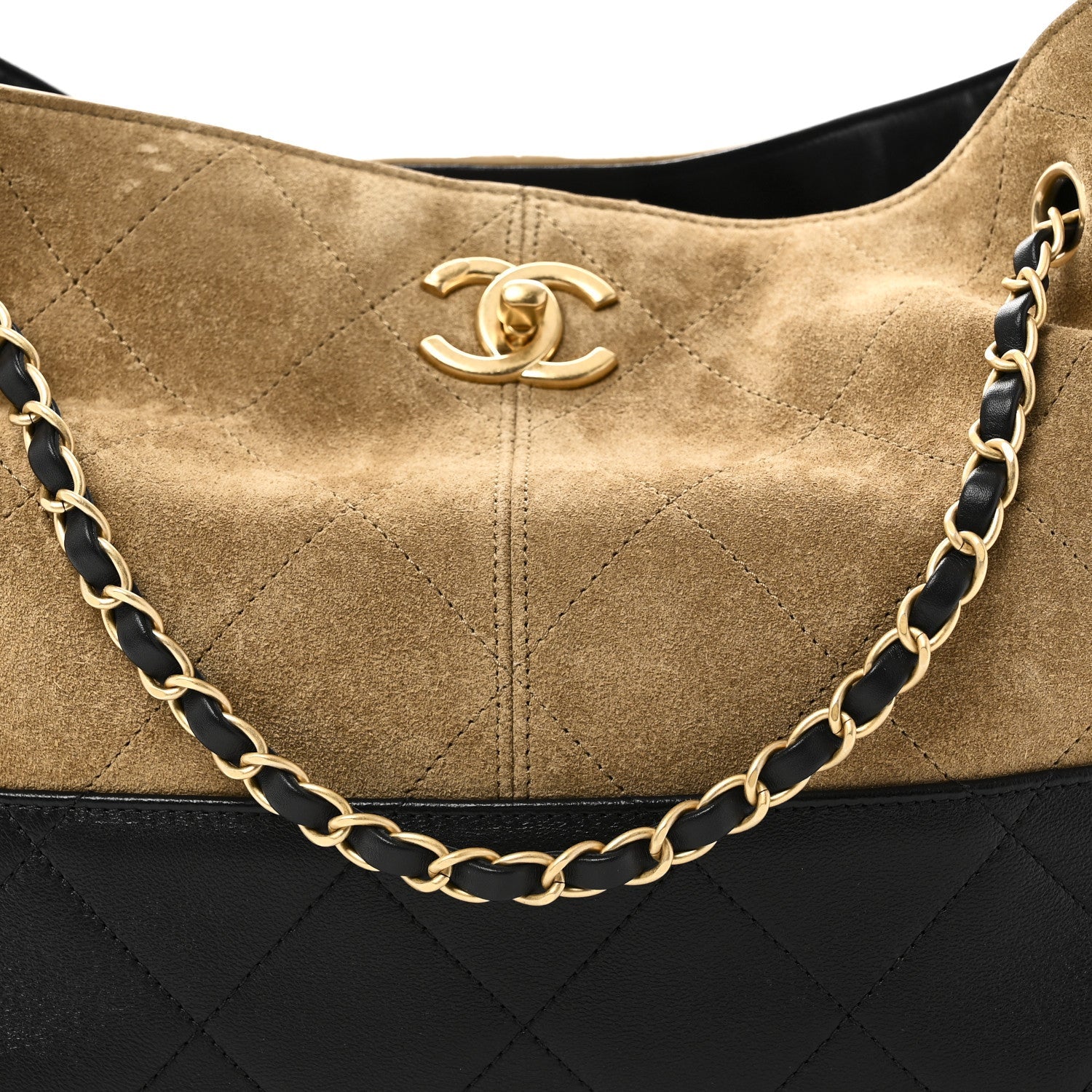 Chanel Suede Calfskin Shiny Lambskin Quilted Small Coco Base Shopping Bag Beige Black