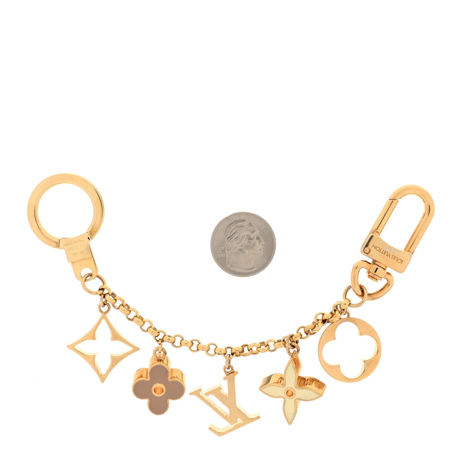 Louis Vuitton Brass Enamel Fleur De Monogram Bag Charm Chain Gold