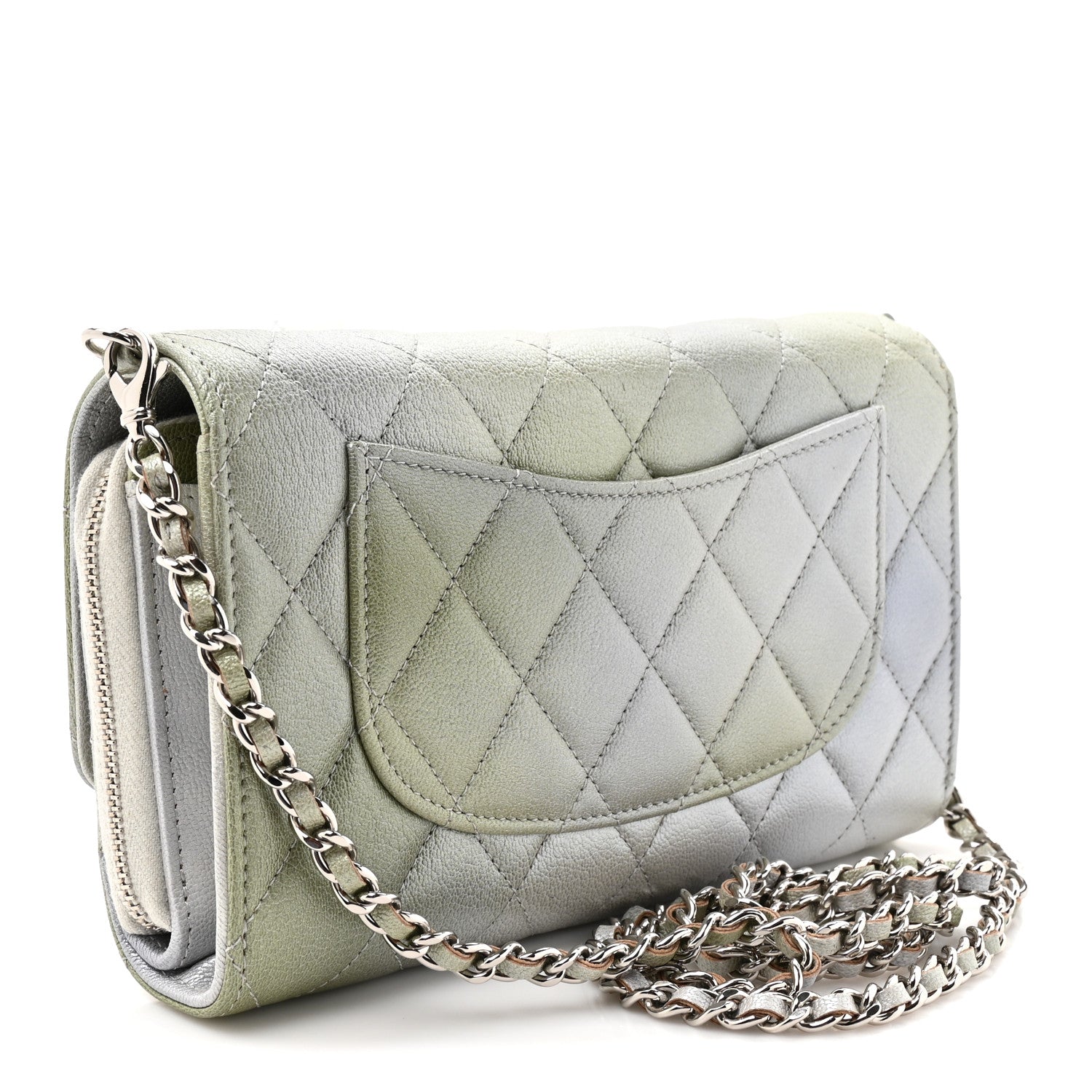 Chanel Metallic Goatskin Quilted Ombre Phone Holder Wallet on Removable Chain Grey Green