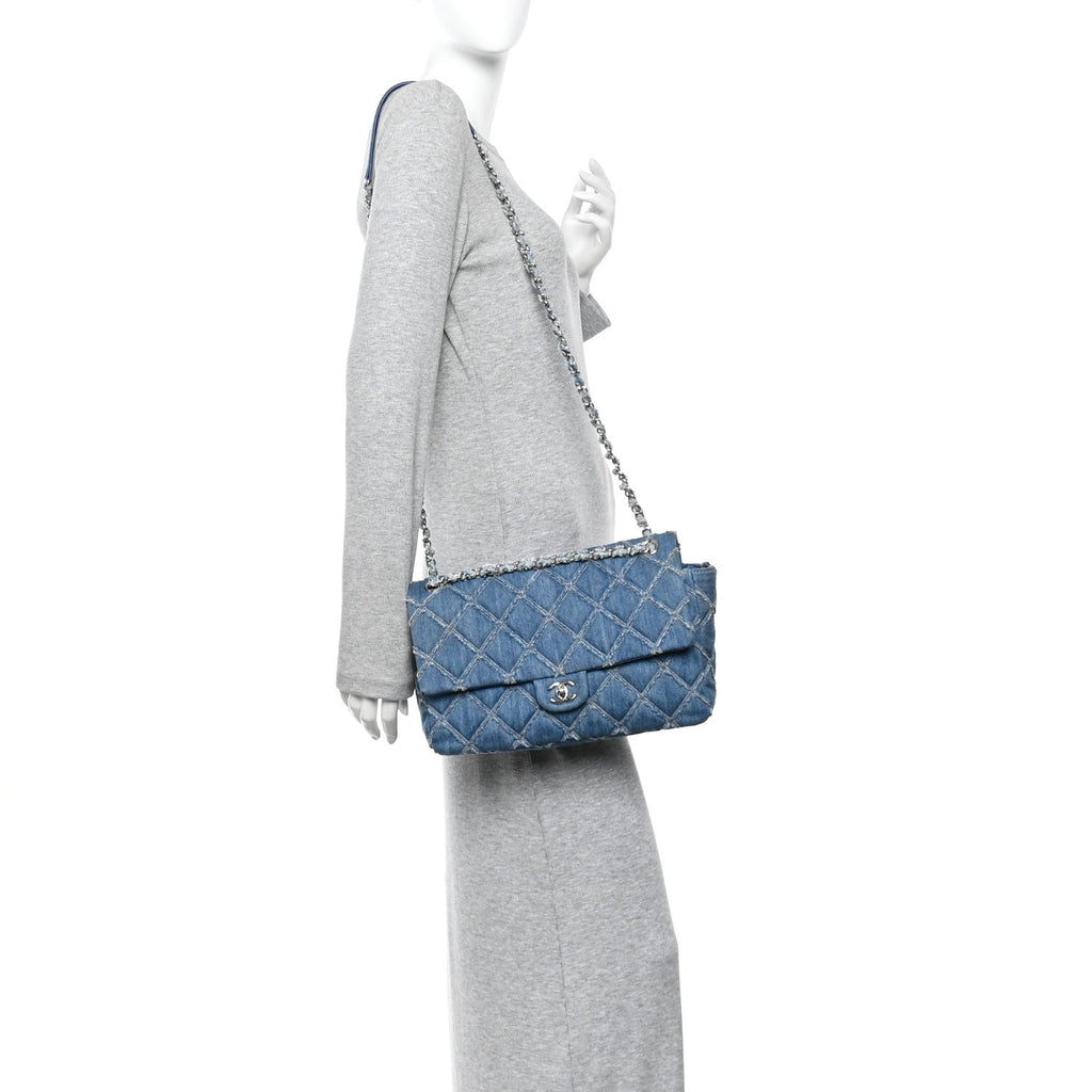 Chanel Frayed Denim Quilted Large Blue Chip Flap Blue