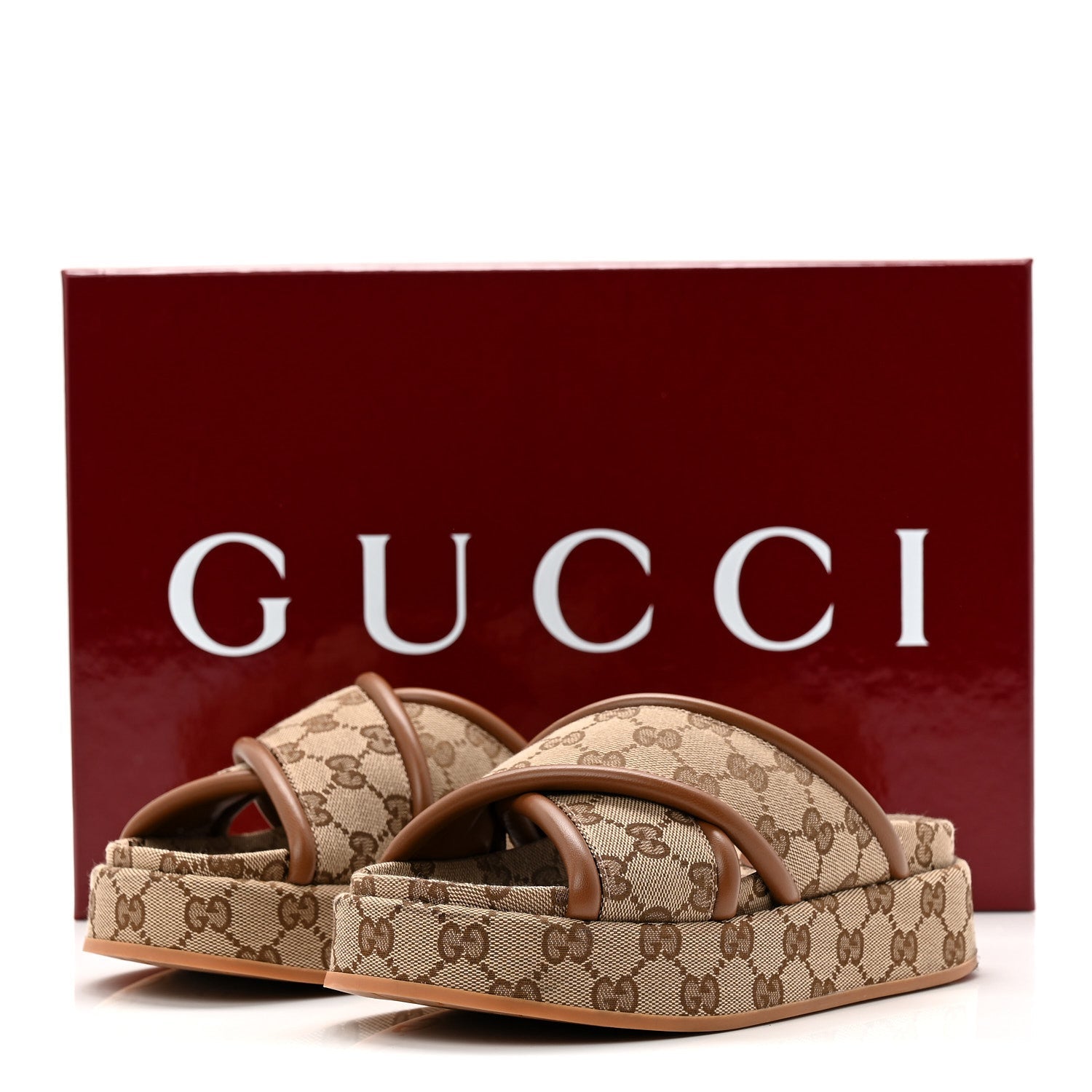 Gucci Monogram GG Calfskin Angelina Platform 55mm Slide Sandals 35 Camel Ebony