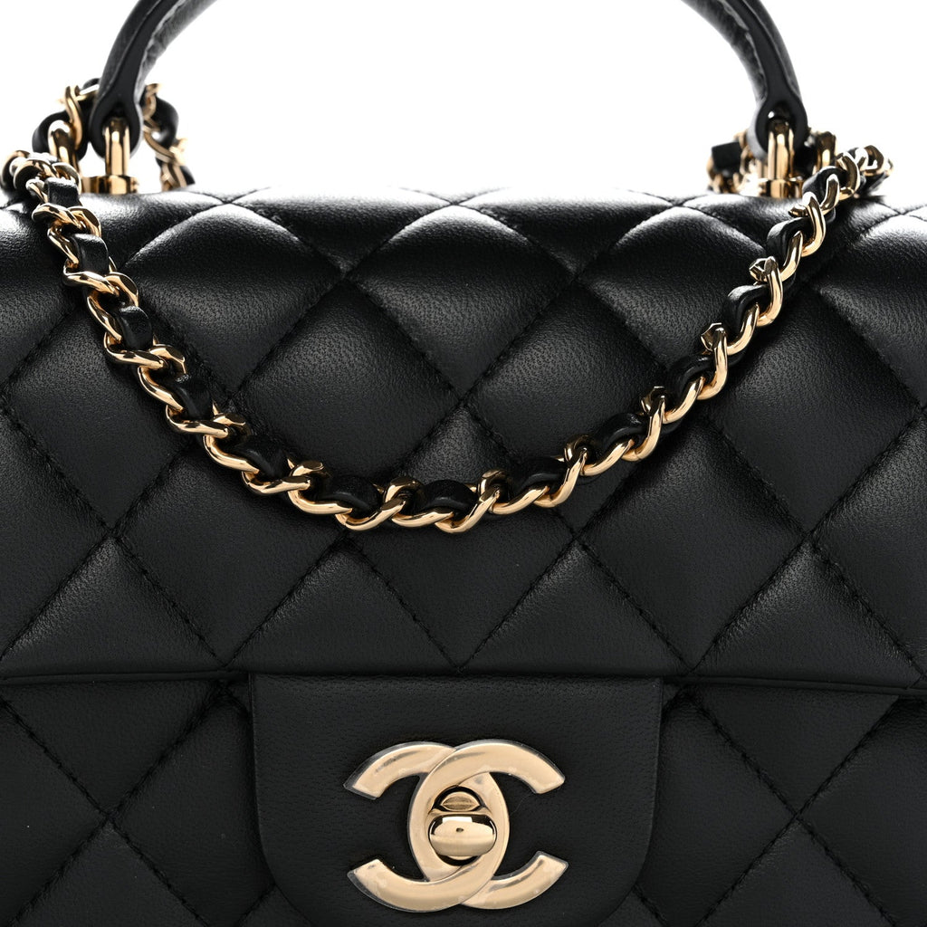 Chanel Lambskin Quilted Mini Top Handle Rectangular Flap Black
