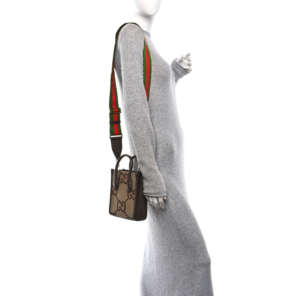Gucci Monogram Jumbo GG Textured Dollar Calfskin Web Mini Vertical Tote Camel Ebony New Acero