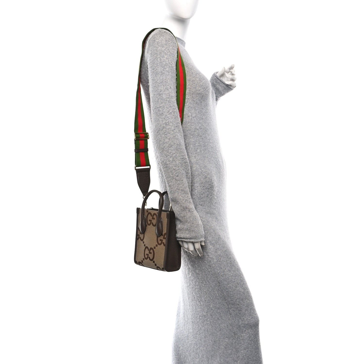 Gucci Monogram Jumbo GG Textured Dollar Calfskin Web Mini Vertical Tote Camel Ebony New Acero