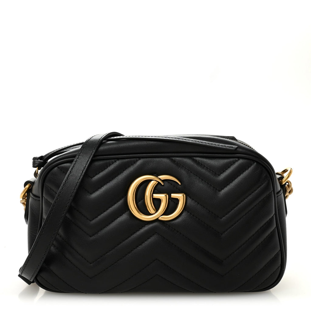 Gucci Calfskin Matelasse Small GG Marmont Chain Shoulder Bag Black