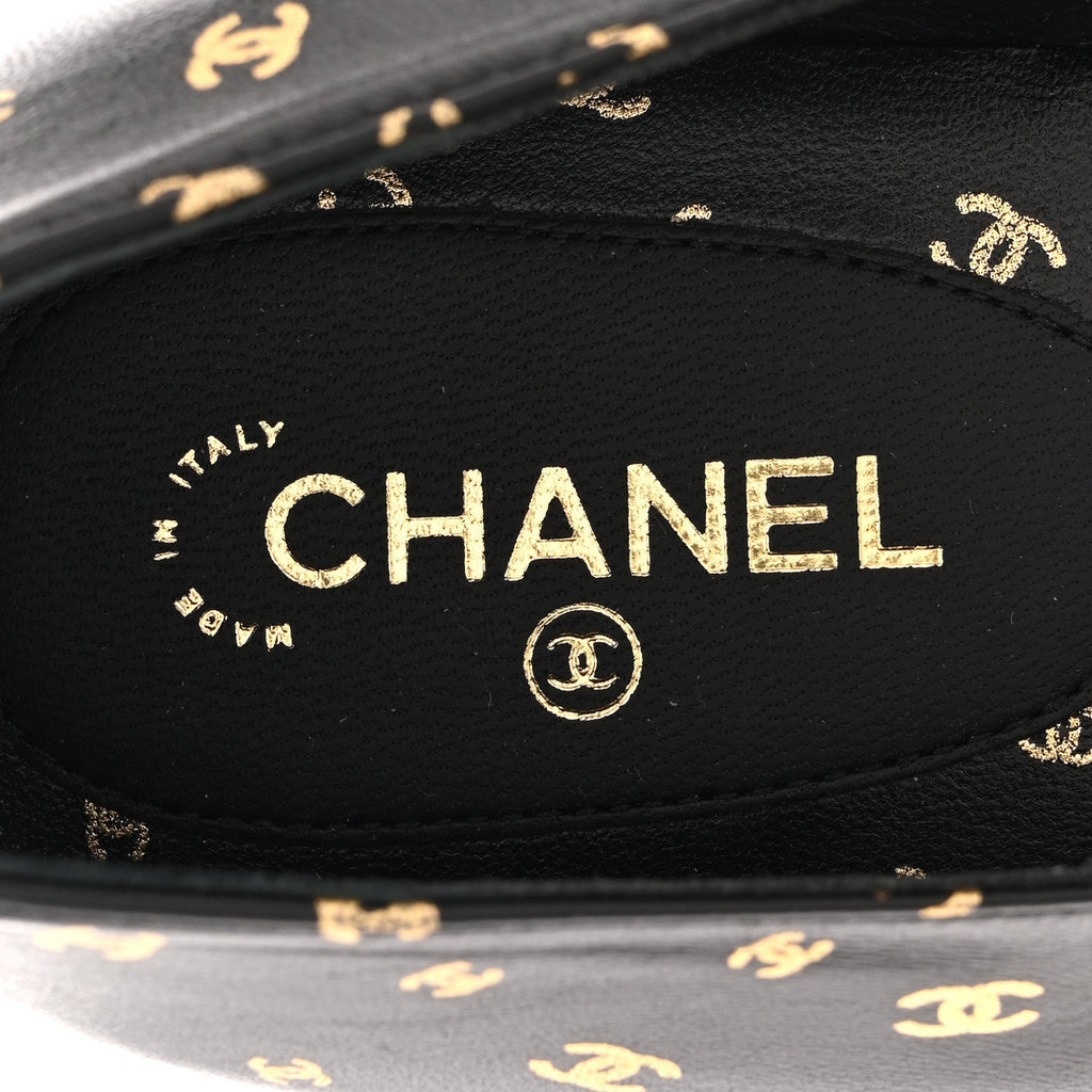 Lambskin Patent Calfskin Printed CC Cap Toe Ballerina Flats 38.5 Black Gold