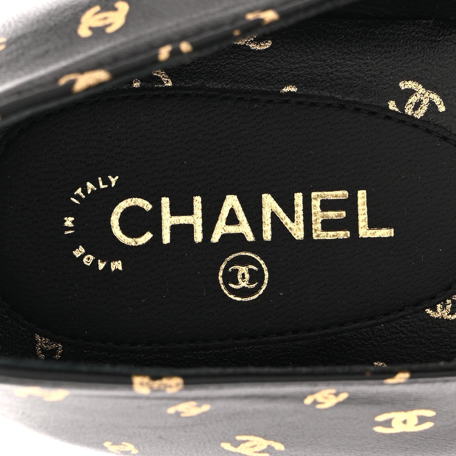Lambskin Patent Calfskin Printed CC Cap Toe Ballerina Flats 38.5 Black Gold