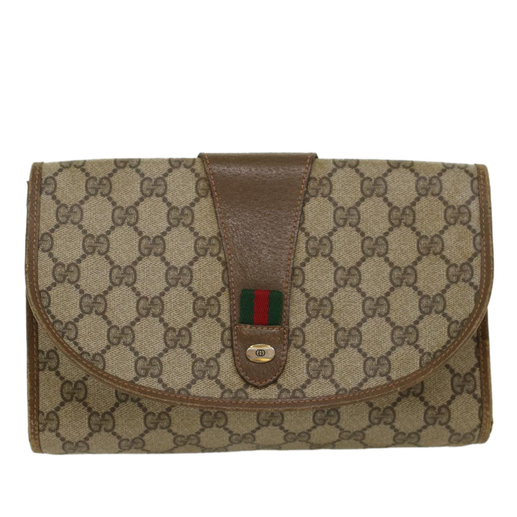 GUCCI GG Canvas Web Sherry Line Clutch Bag PVC Leather Beige Red  45602