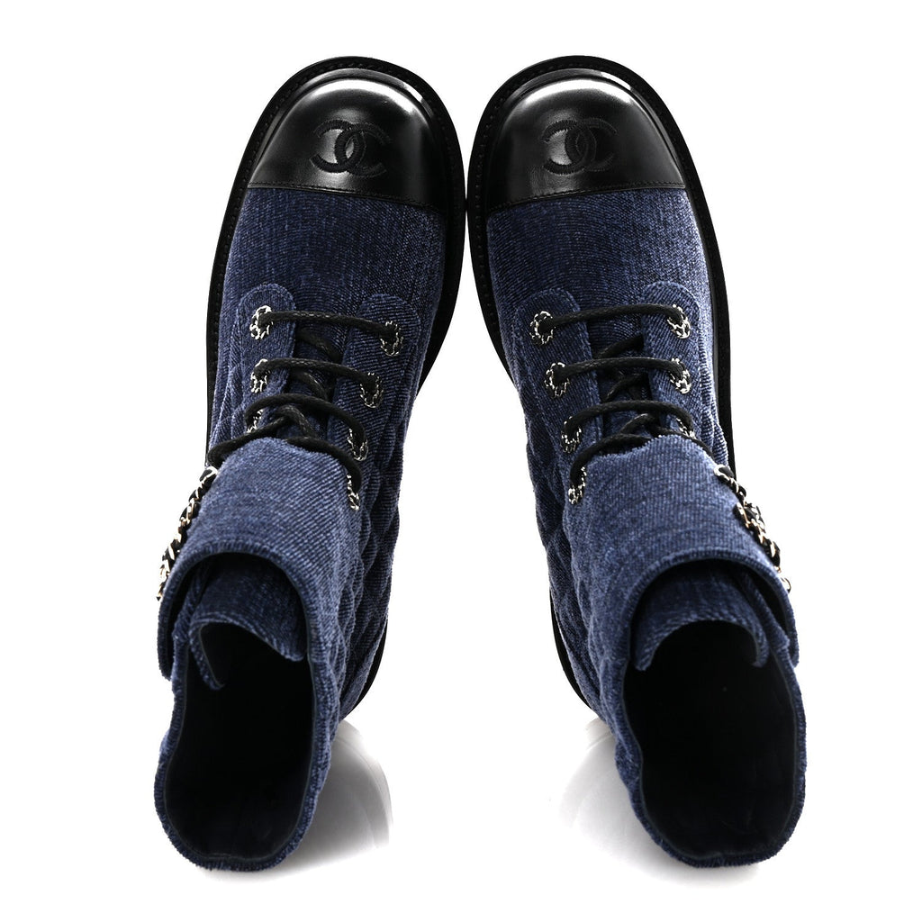 Chanel Shiny Calfskin Velvet Quilted Lace Up Combat Boots 38.5 Blue Black