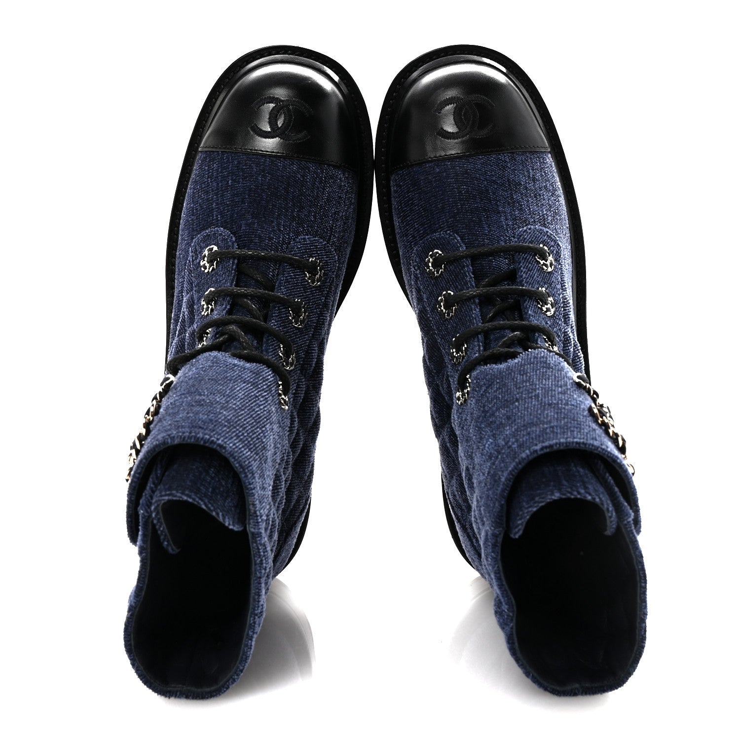 Chanel Shiny Calfskin Velvet Quilted Lace Up Combat Boots 38.5 Blue Black
