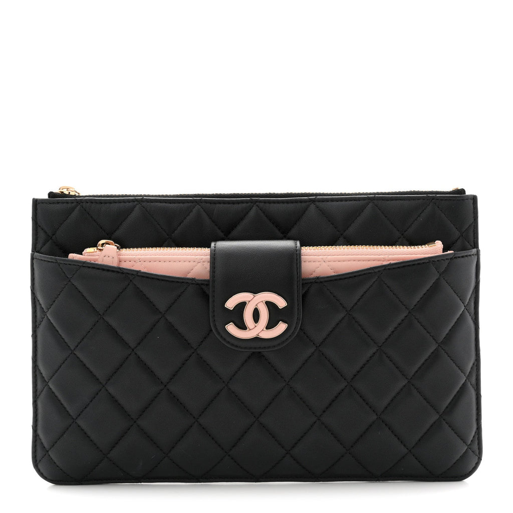 Lambskin Quilted Sunset Boulevard Pouch Case Black Pink
