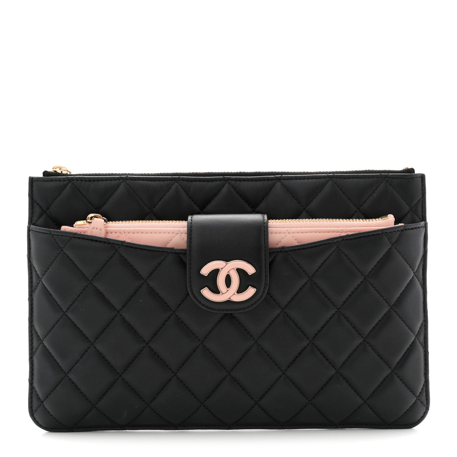 Lambskin Quilted Sunset Boulevard Pouch Case Black Pink