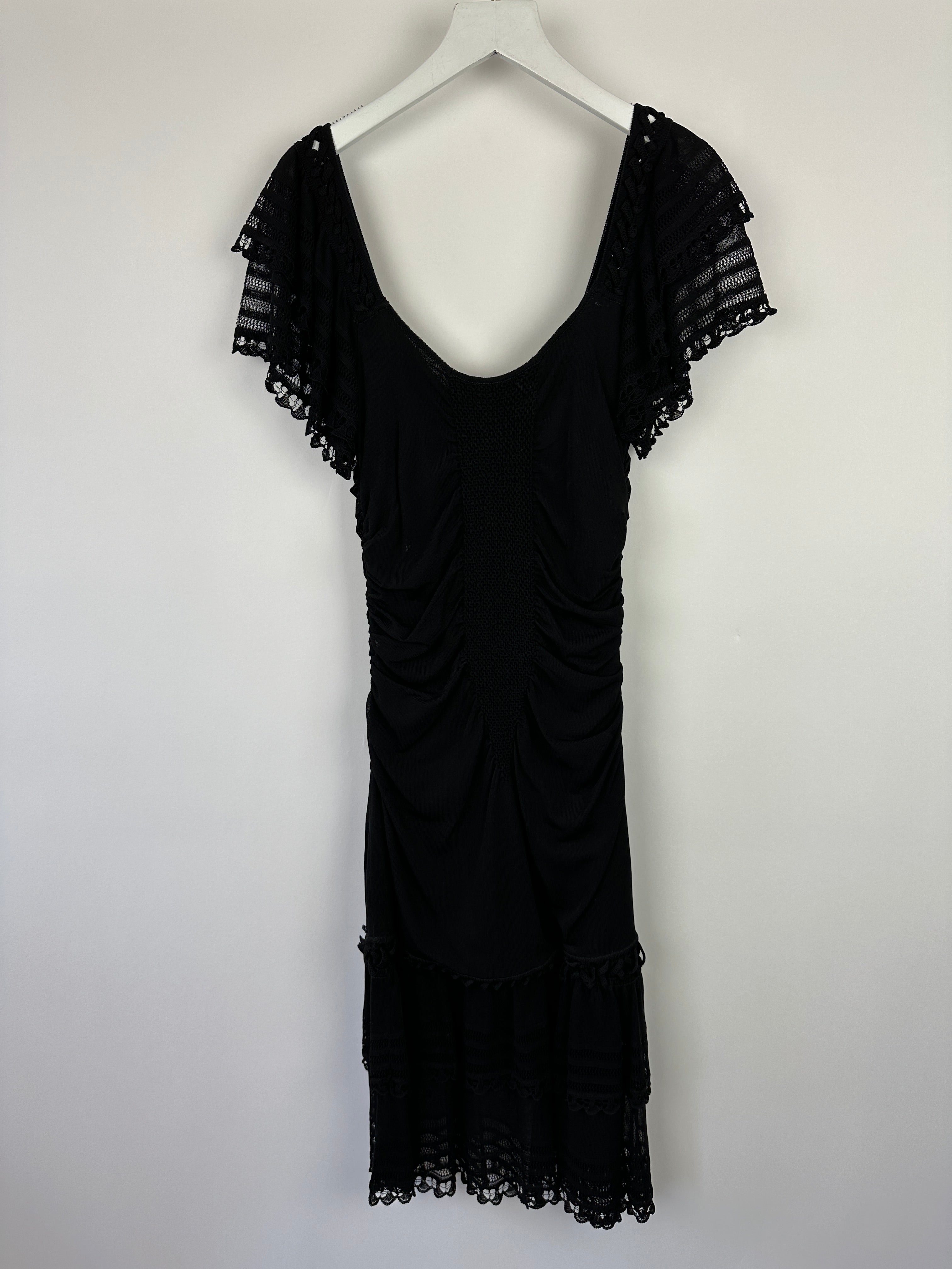 Chanel 07C Black Short Sleeve Midi Dress With Crochet and Ruching Detail FR 36 (UK 8)