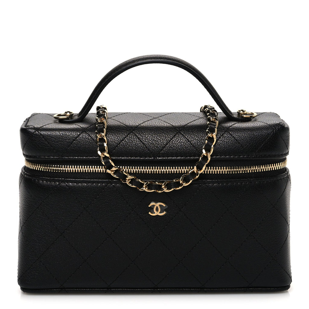 Chanel Goatskin Quilted Top Handle Slim Vanity With Chain Black