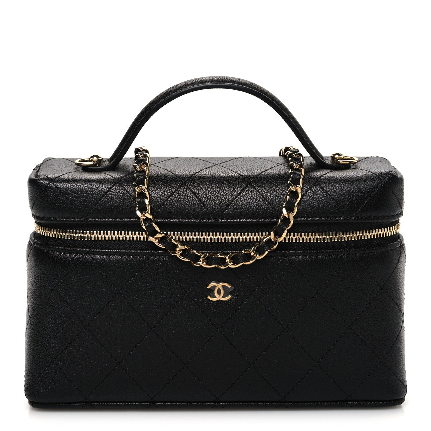 Chanel Goatskin Quilted Top Handle Slim Vanity With Chain Black