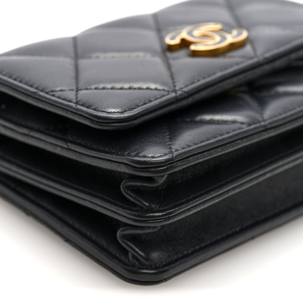 Chanel Lambskin Enamel Quilted Pending CC Clutch With Chain Black