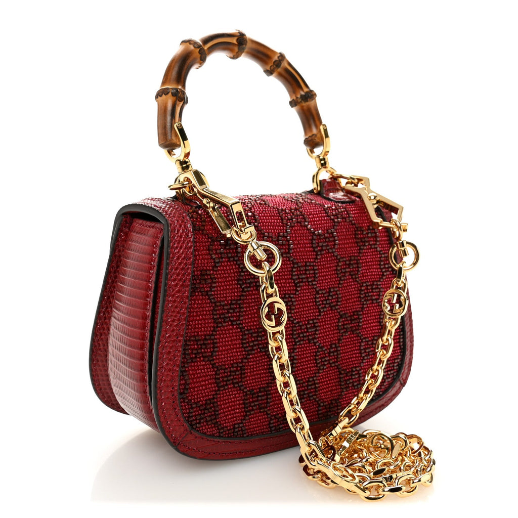 Gucci Moire Fabric Calfskin Rhinestone Monogram Monochrome Lizard Embossed Mini Bamboo 1947 Top Handle Chain Bag Red