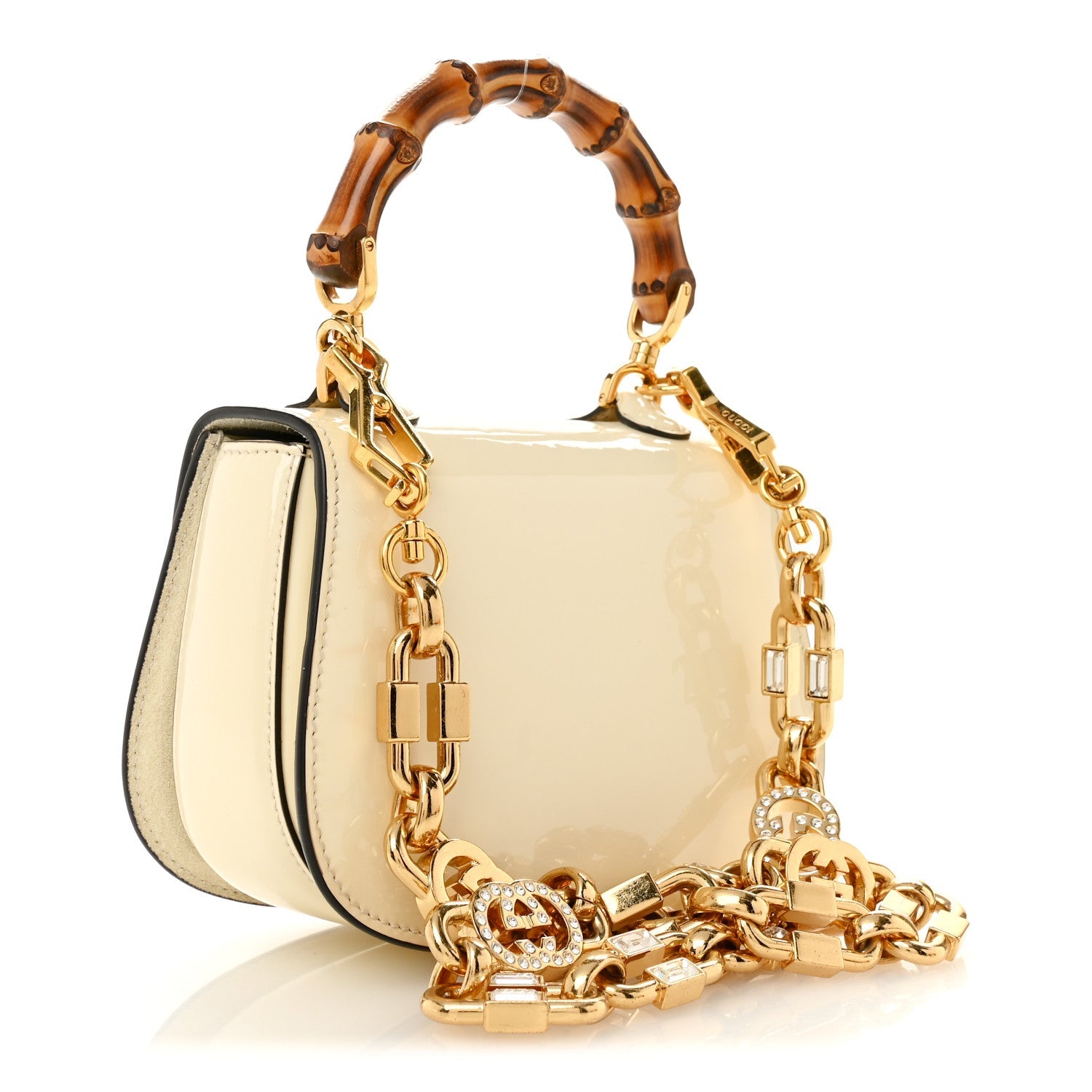 Gucci Patent Crystal Mini Bamboo 1947 Top Handle Chain Bag White