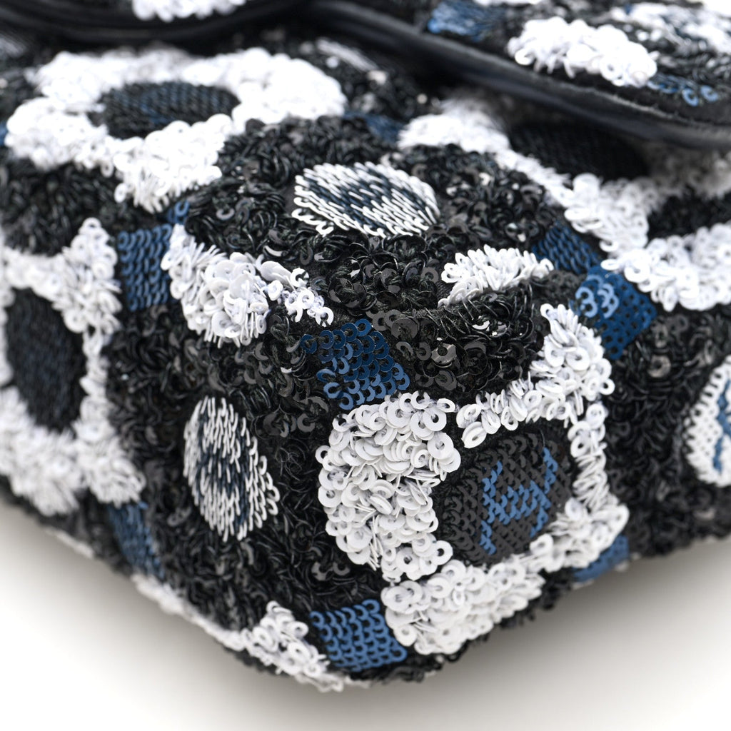 Chanel Satin Sequin Embellished Flower Mini Rectangular Flap Black White Blue