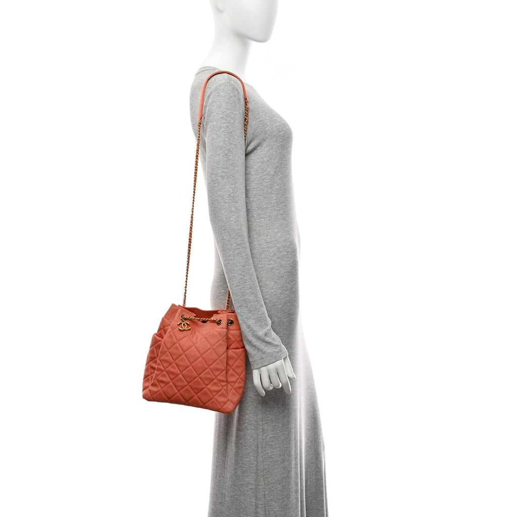 Chanel Washed Denim Quilted Small Urban Spirit Drawstring Bag Orange
