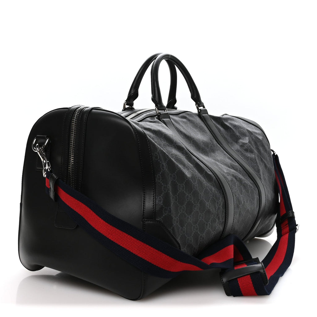 Gucci Soft GG Supreme Monogram Appia Calfskin Web Large Carry On Duffle Bag Black Grey