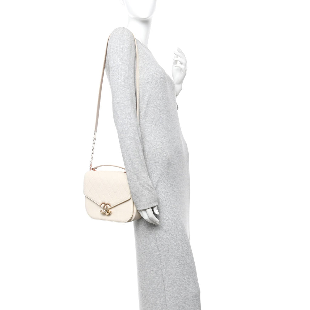 Chanel Grained Calfskin Quilted Small Cuba Top Handle Flap White