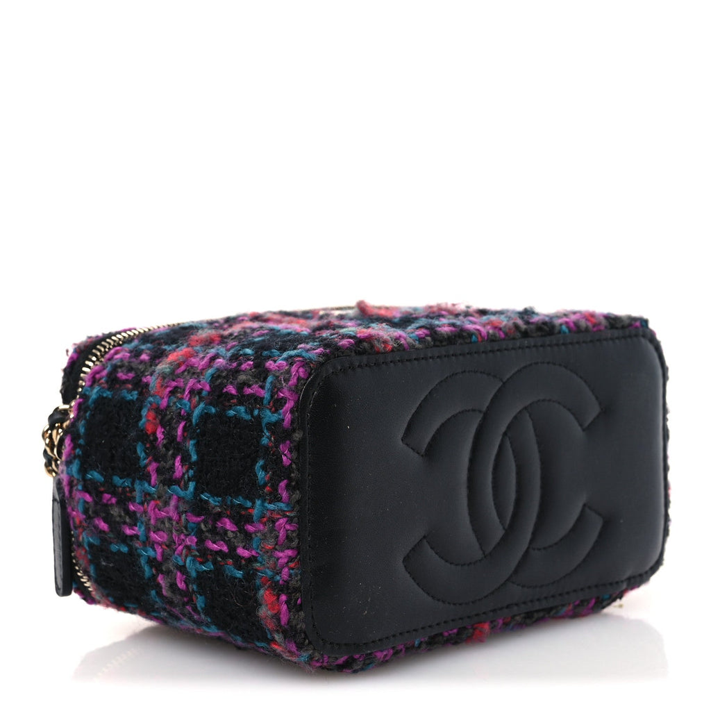 Chanel Tweed Quilted Small Vanity Case With Chain Black Purple Green Red