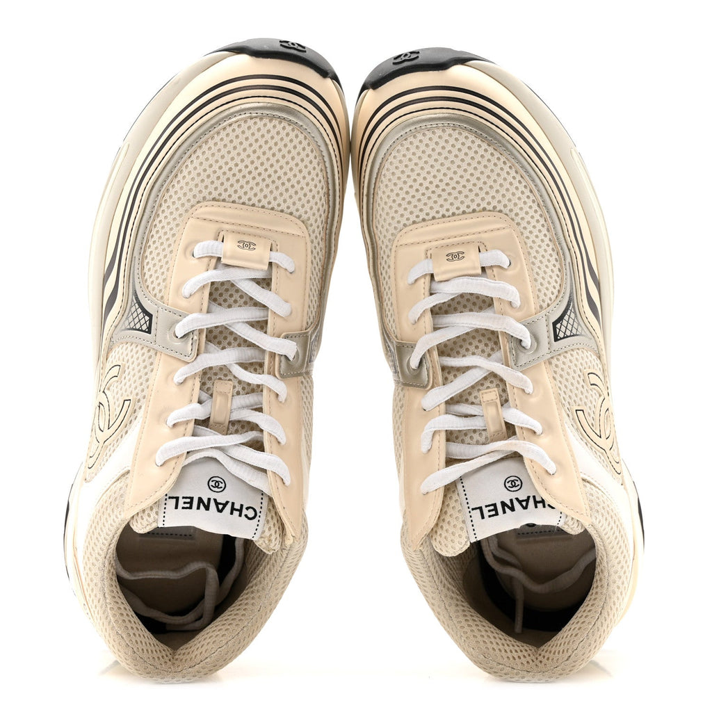 Fabric Laminated Calfskin Stretch CC Sneakers 37 Ivory White Silver