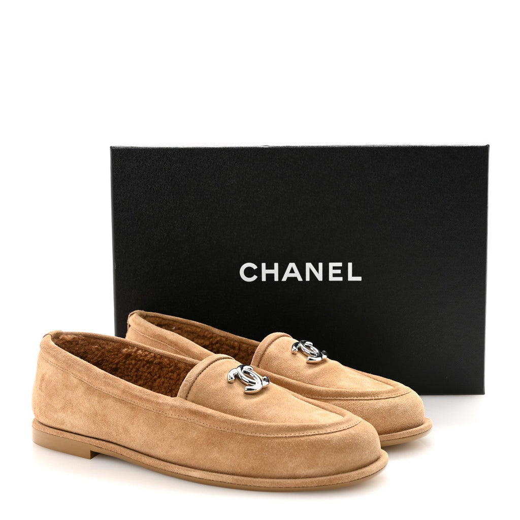 Chanel Suede Calfskin CC Loafers 38.5 Dark Beige