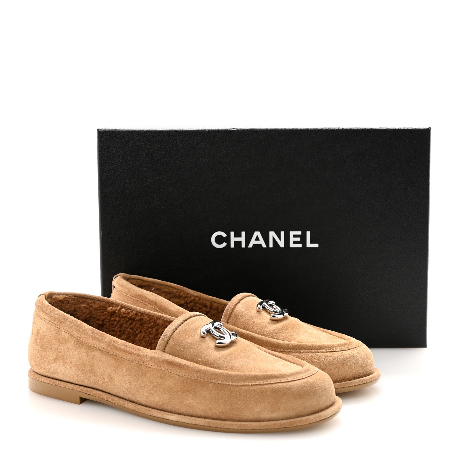 Chanel Suede Calfskin CC Loafers 38.5 Dark Beige