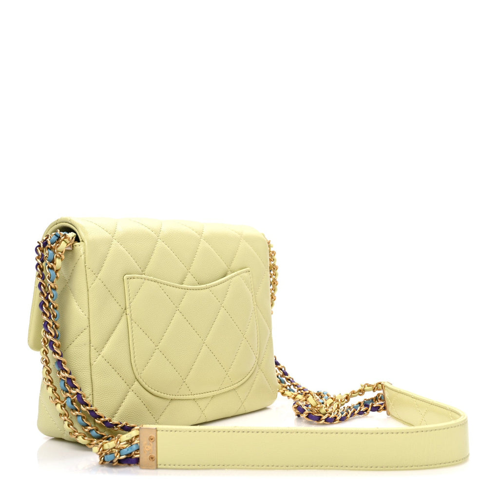 Chanel Shiny Caviar Quilted Mini Chain Messenger Flap Bag Yellow