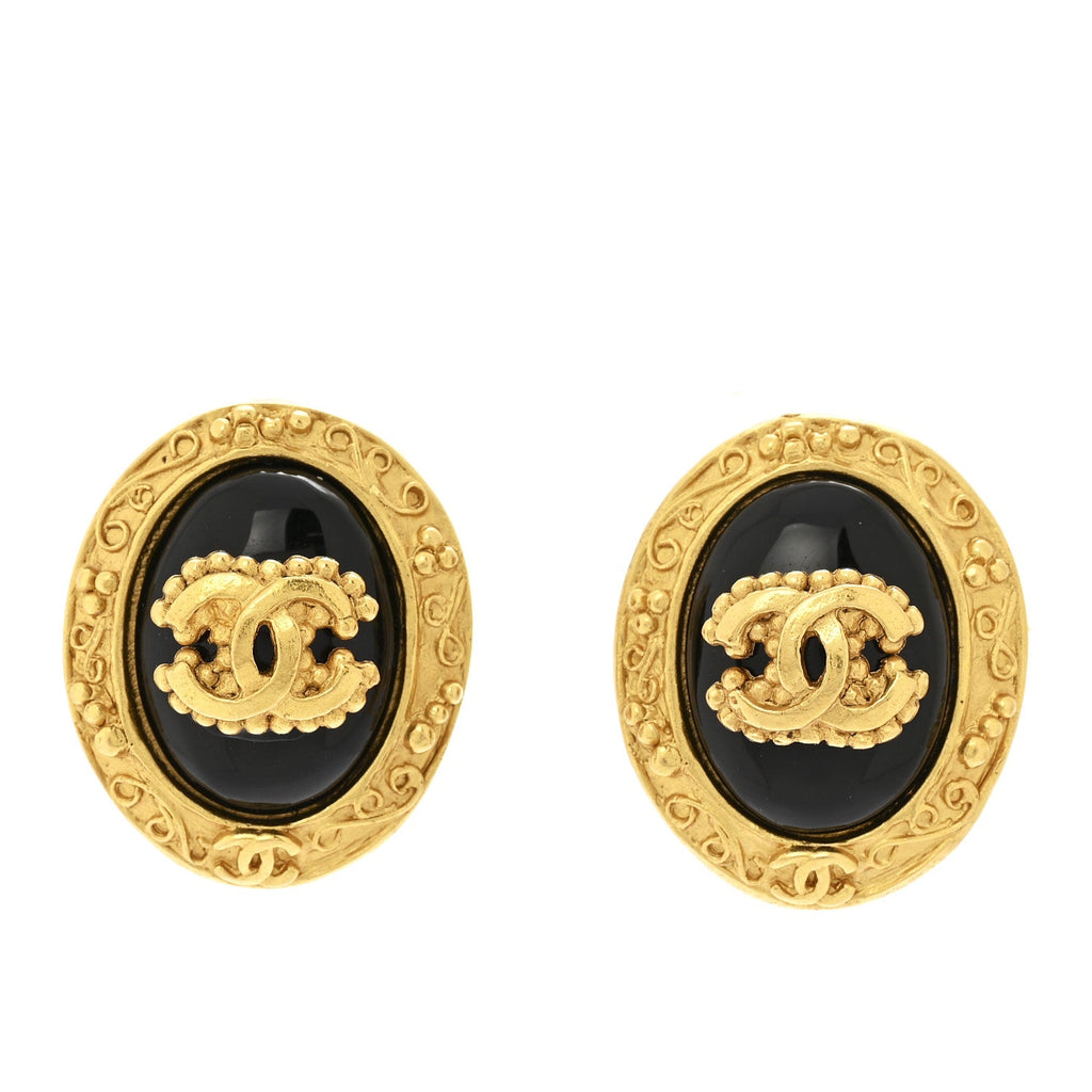 Enamel CC Oval Clip On Earrings Gold Black