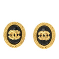 Enamel CC Oval Clip On Earrings Gold Black