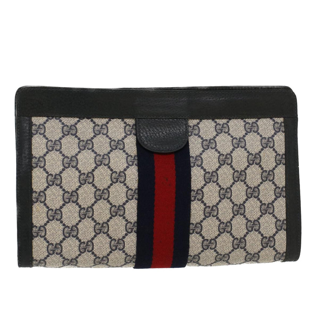 GUCCI GG Canvas Sherry Line Clutch Bag Gray Red Navy 89.01.002  45958