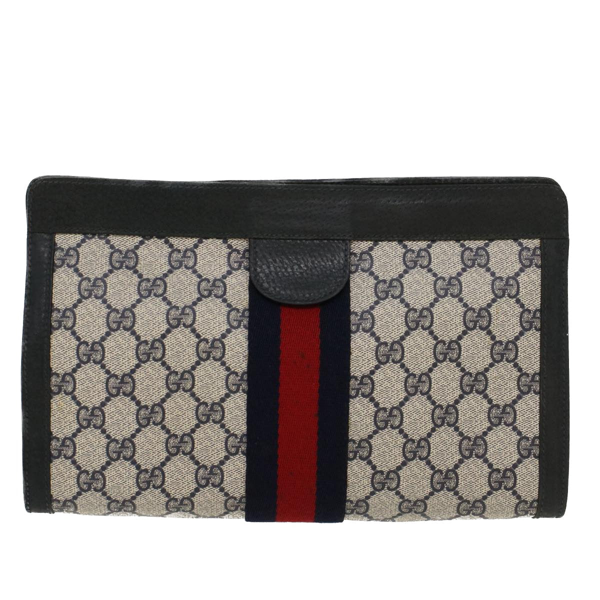 GUCCI GG Canvas Sherry Line Clutch Bag Gray Red Navy 89.01.002  45958