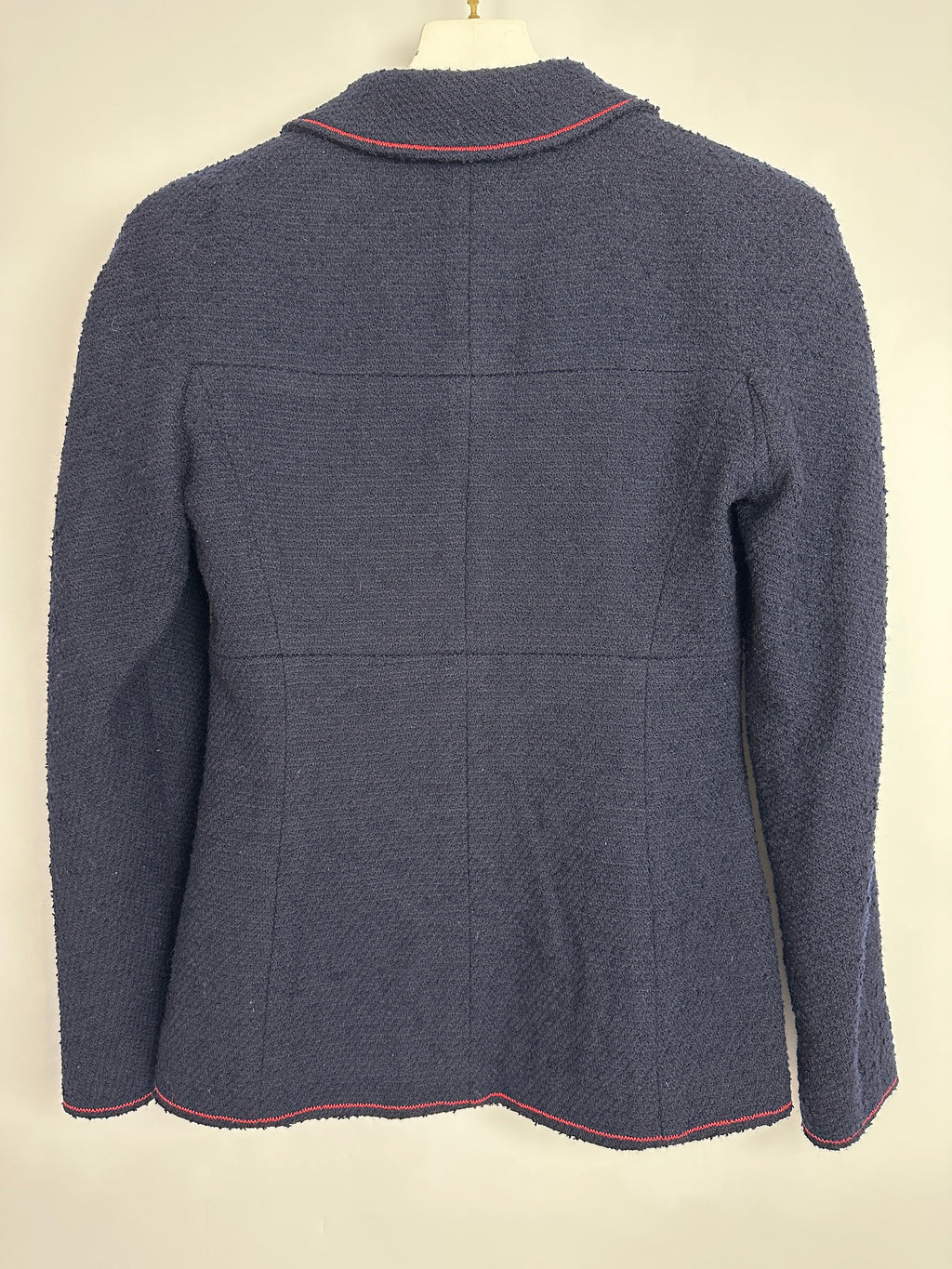 Chanel 97A Navy Wool Long Sleeve Jacket and Pencil Skirt Set with Red, Blue, Green and Yellow Neckline Applique Detail Size FR 38 (UK 10)