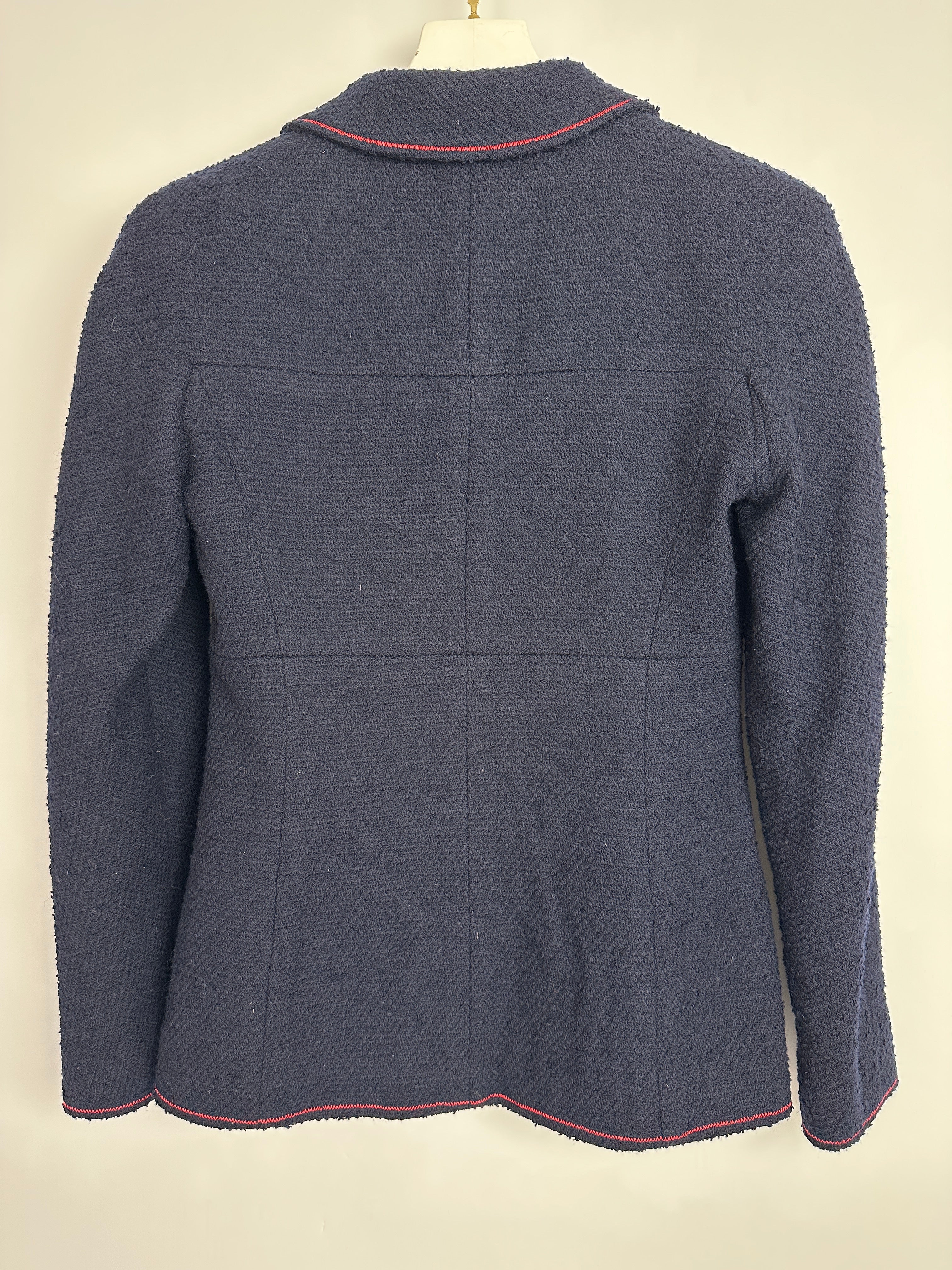 Chanel 97A Navy Wool Long Sleeve Jacket and Pencil Skirt Set with Red, Blue, Green and Yellow Neckline Applique Detail Size FR 38 (UK 10)
