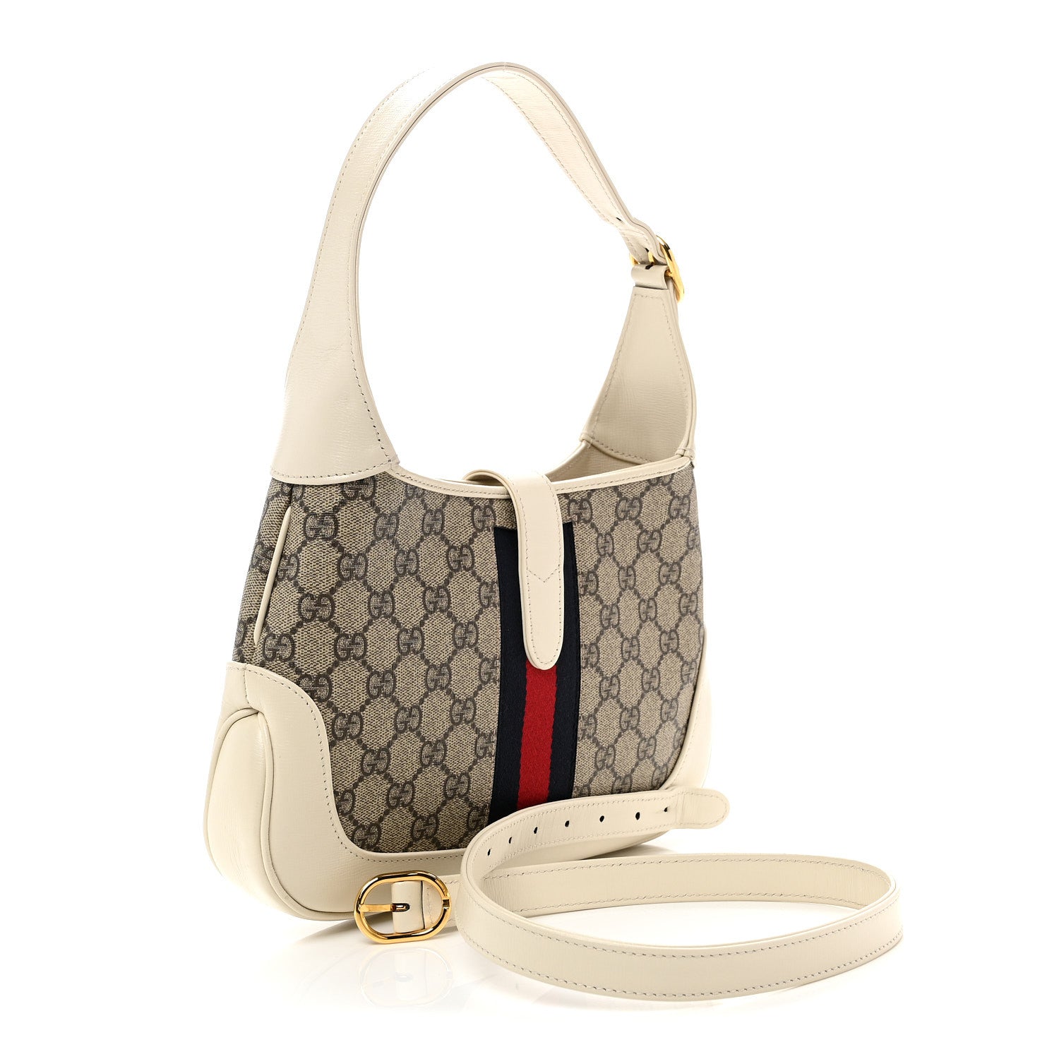 Gucci GG Supreme Monogram Azalea Calfskin Web Small Jackie 1961 Hobo Beige Ebony Mystic White