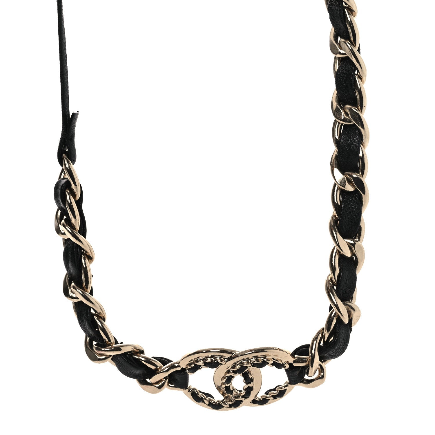 Metal Lambskin Crystal CC Chain Tie Headband Gold Black