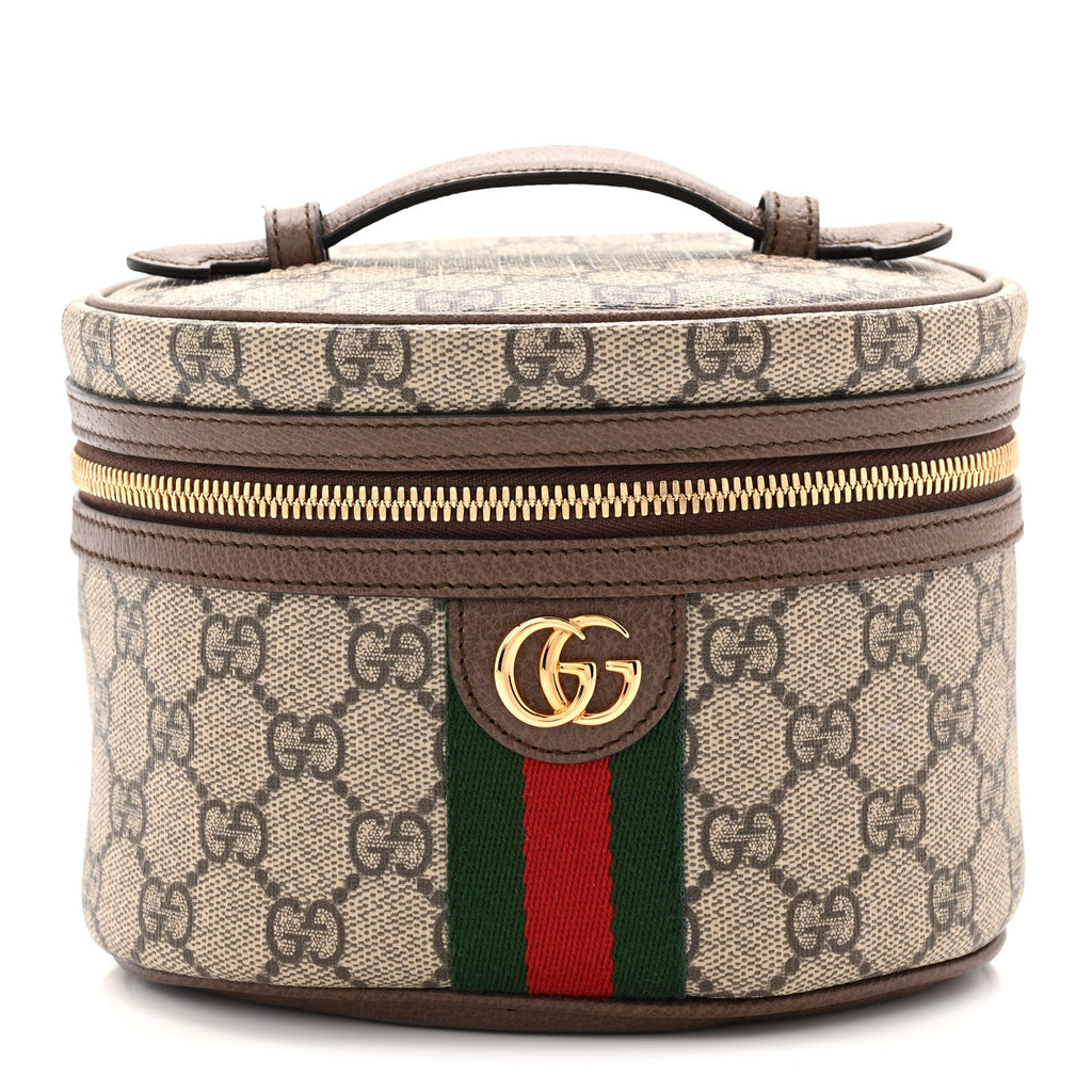 Gucci GG Supreme Monogram Textured Calfskin Web Ophidia Vanity Cosmetic Case Beige Ebony New Acero