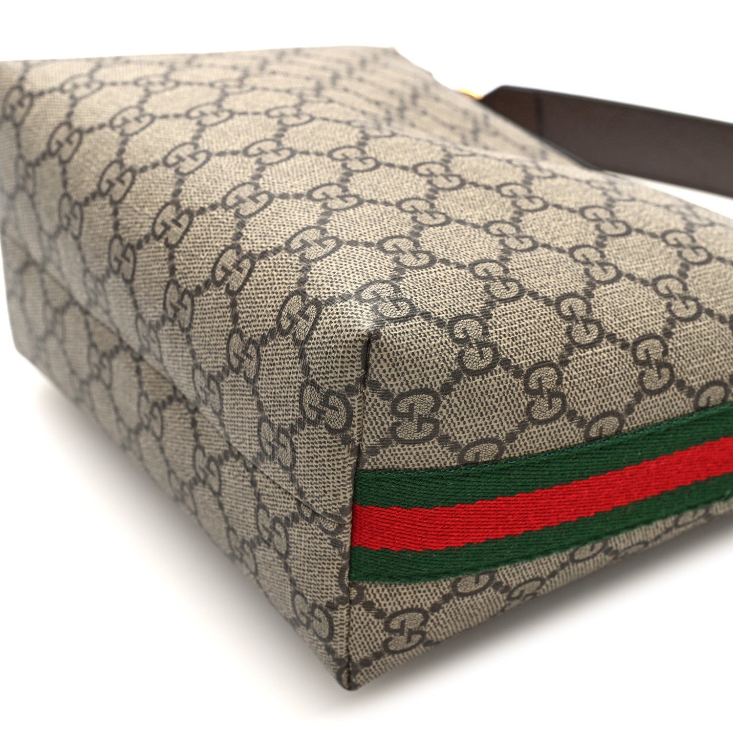 Gucci GG Supreme Monogram Textured Calfskin Web Super Mini Ophidia Shoulder Bag Beige Ebony New Acero