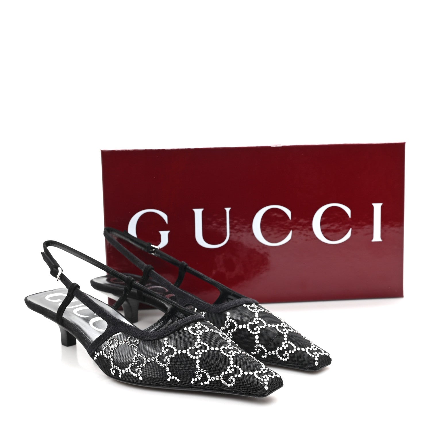 Gucci Tela Retino Kid Scamosciato Crystal GG Monogram Square G 35mm Slingback Pumps 37.5 Black