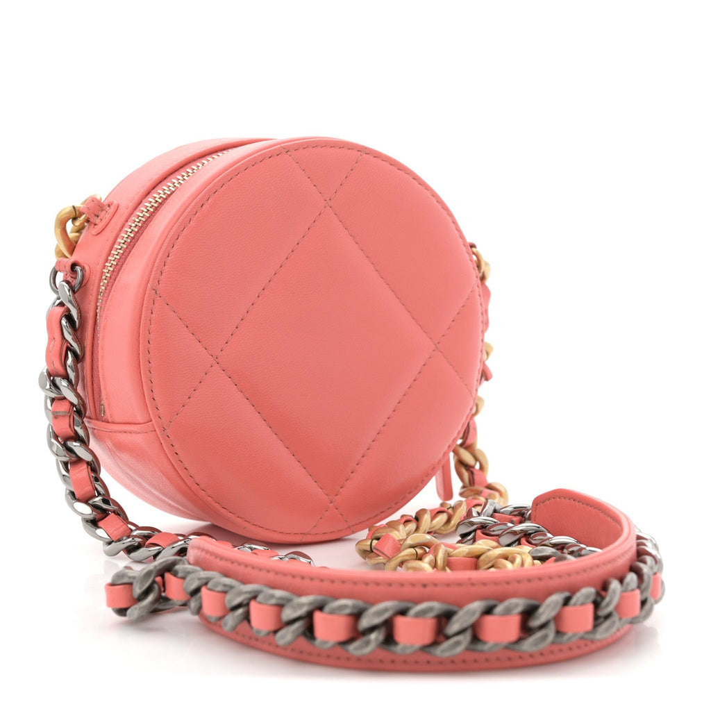 Chanel Lambskin Quilted Chanel 19 Round Clutch With Chain Pink