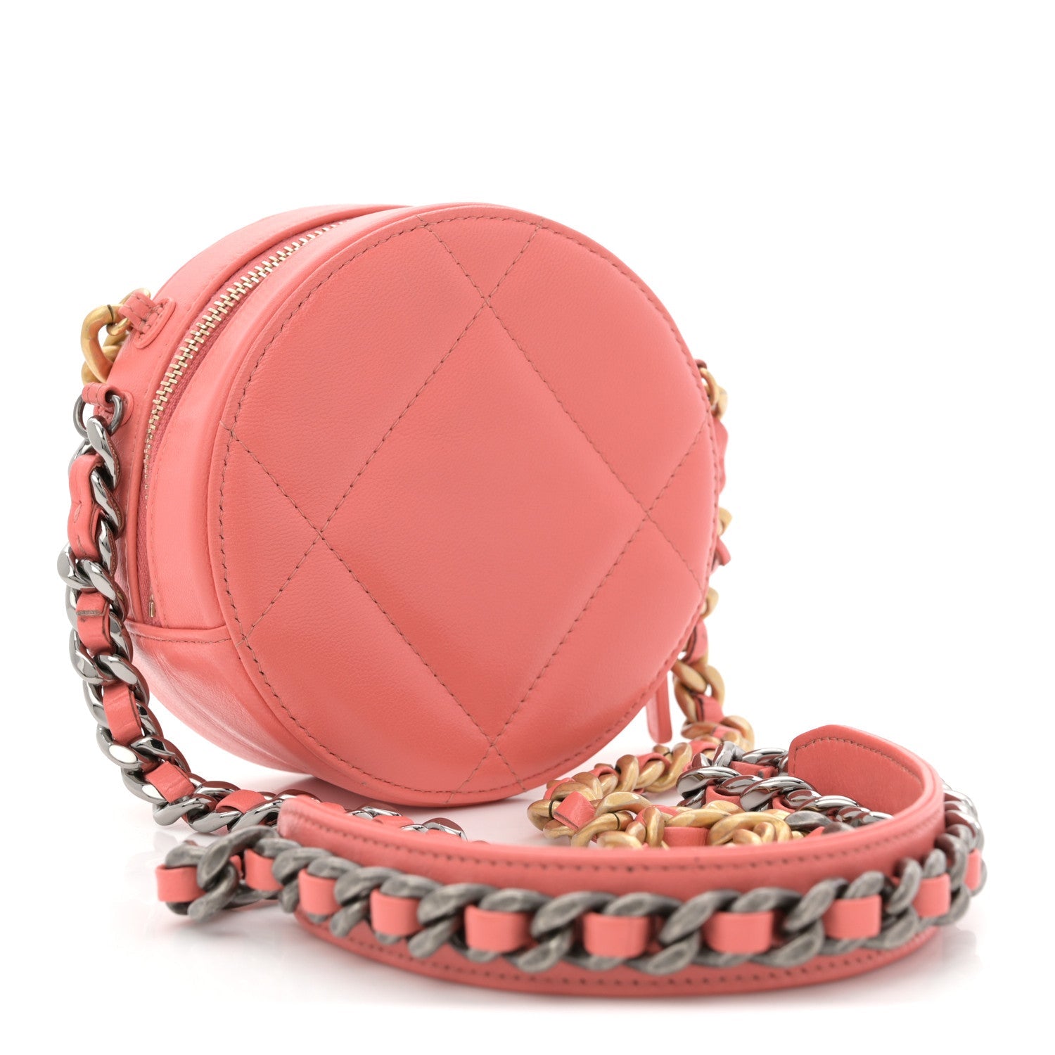 Chanel Lambskin Quilted Chanel 19 Round Clutch With Chain Pink