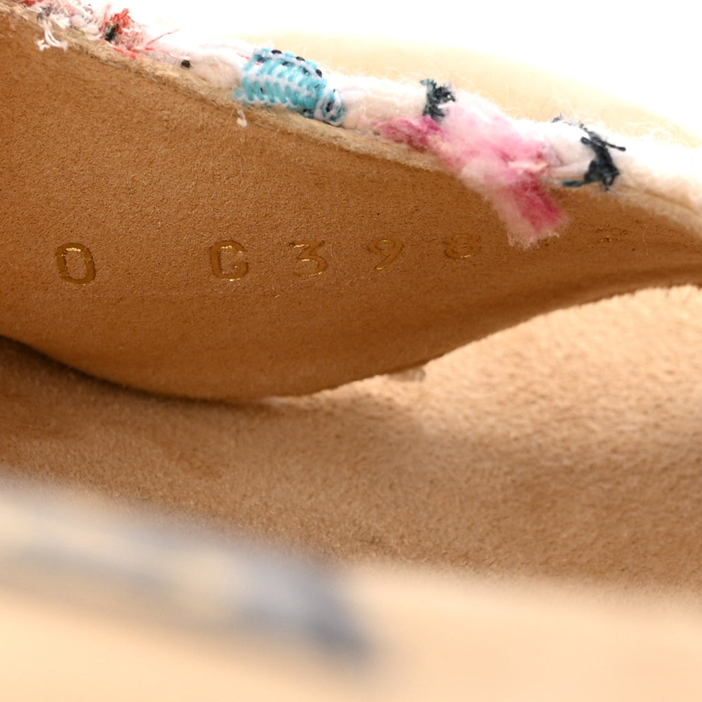 Chanel Tweed Cork CC Wedge Sandals 37 Ecru Pink Blue Green